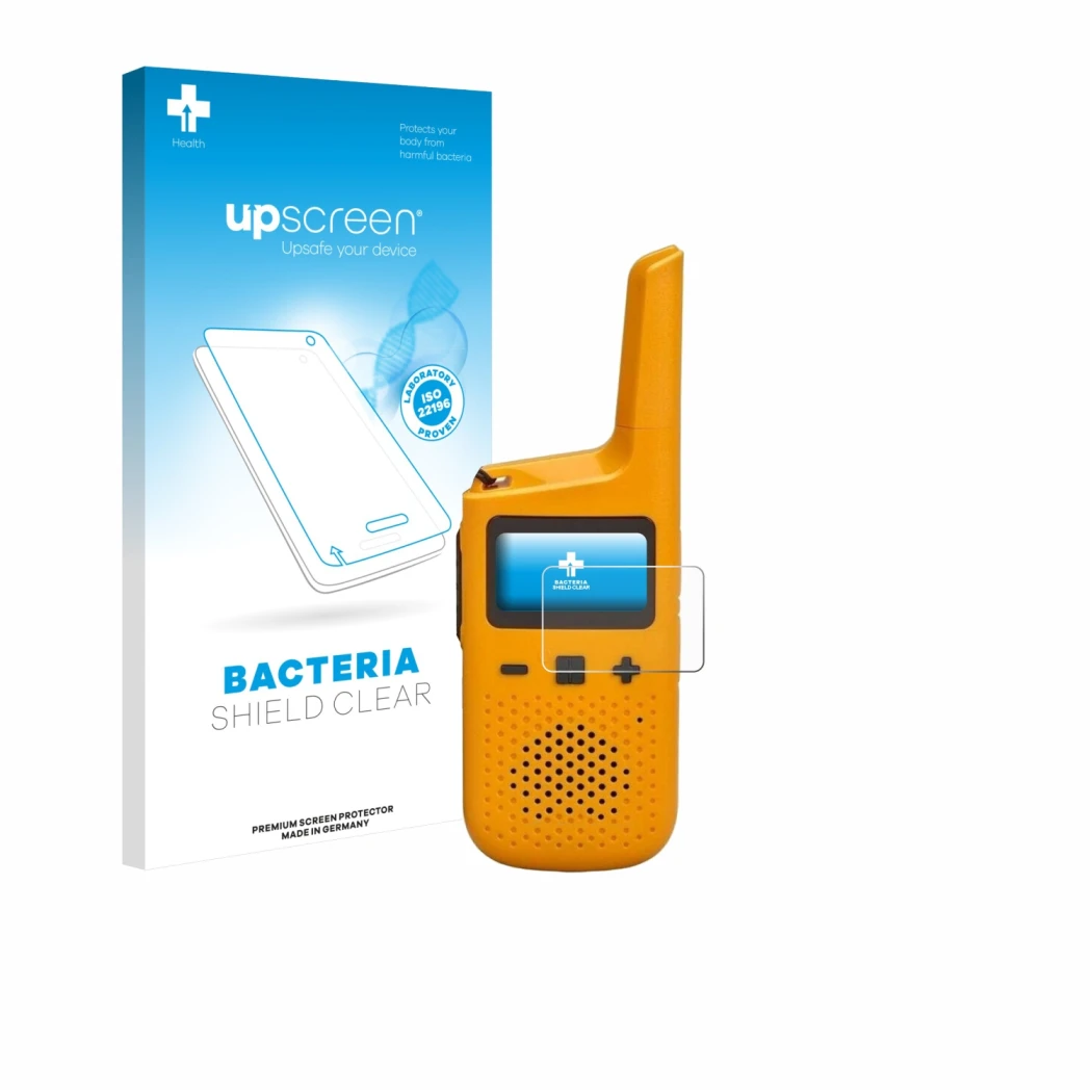 Parte frontal de un envase de producto con el logotipo de la marca upscreen. Al lado se muestra el dispositivo Motorola Talkab