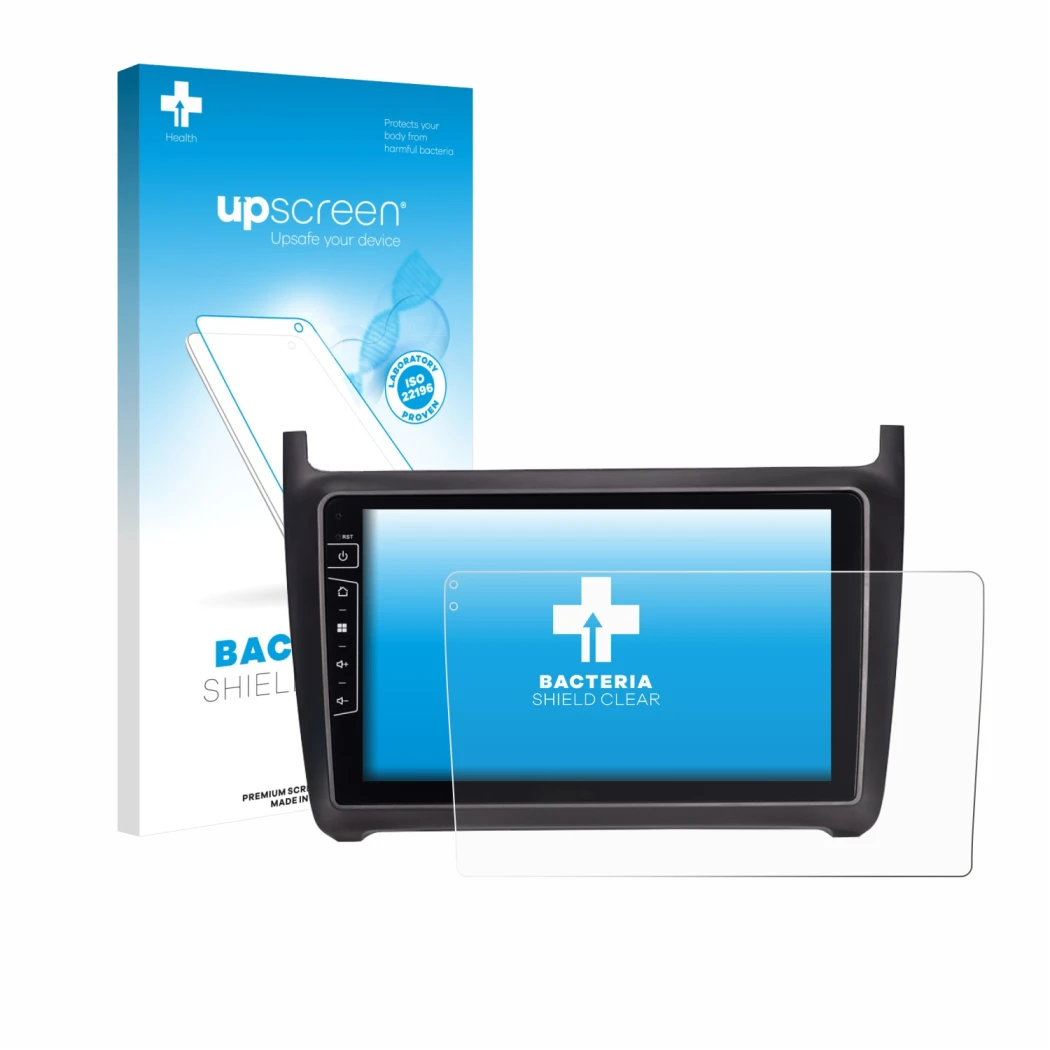 Parte frontal de un envase de producto con el logotipo de la marca upscreen. Al lado se muestra el dispositivo Dynavin D9-69H 