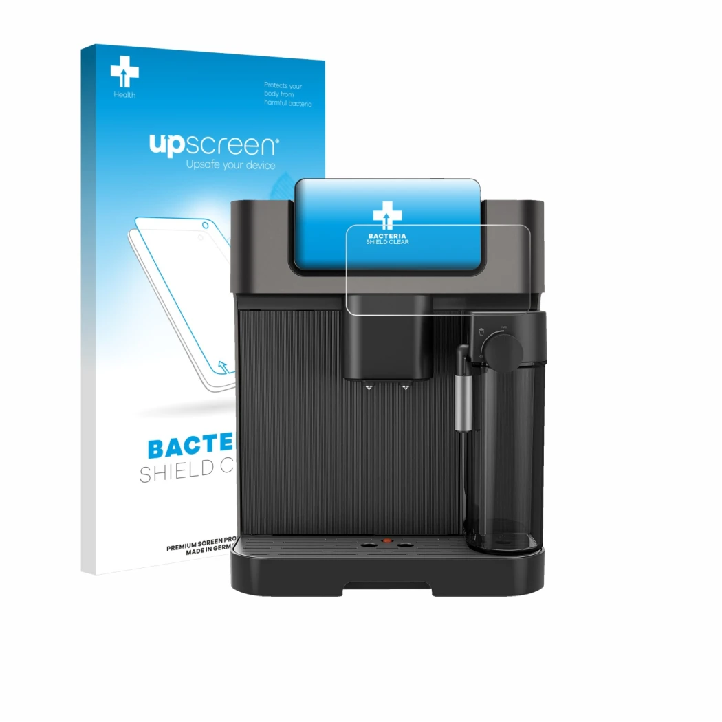 Parte frontal de un envase de producto con el logotipo de la marca upscreen. Al lado se muestra el dispositivo Grundig KVA 723