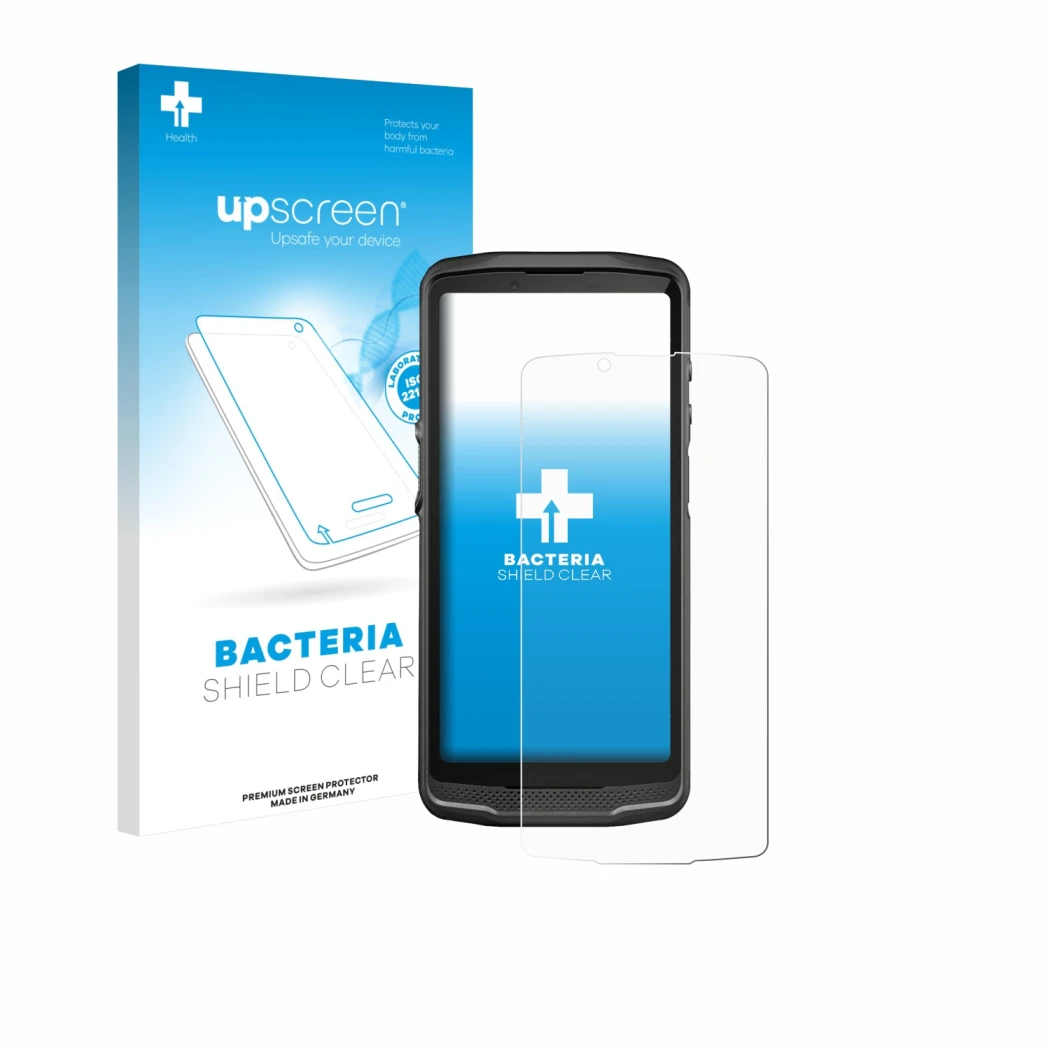 Parte frontal de un envase de producto con el logotipo de la marca upscreen. Al lado se muestra el dispositivo Crosscall Core