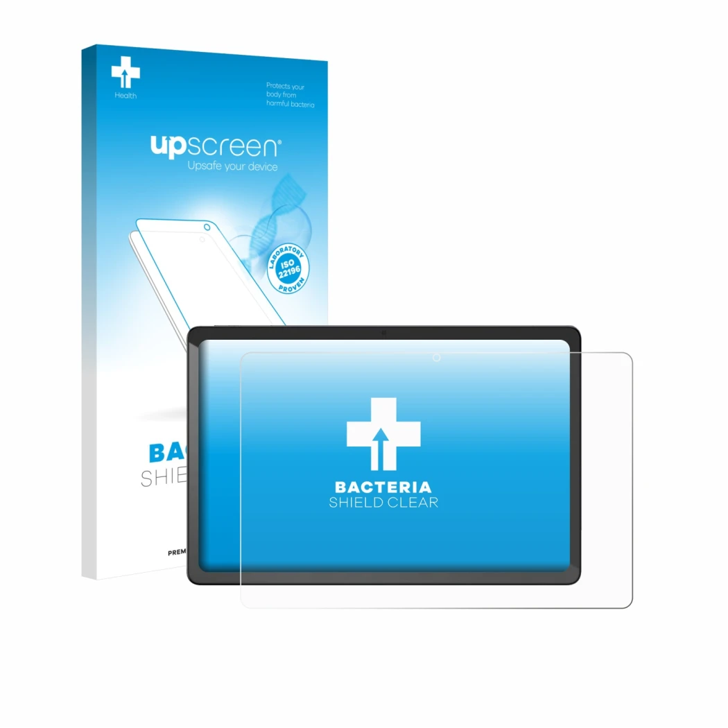 Parte frontal de un envase de producto con el logotipo de la marca upscreen. Al lado se muestra el dispositivo Chuwi AuPad con