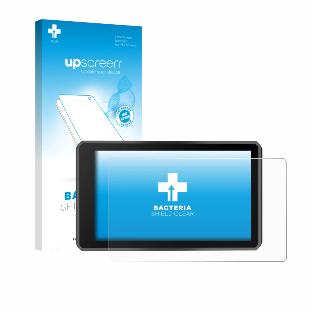 Parte frontal de un envase de producto con el logotipo de la marca upscreen. Al lado se muestra el dispositivo Garmin zumo XT3