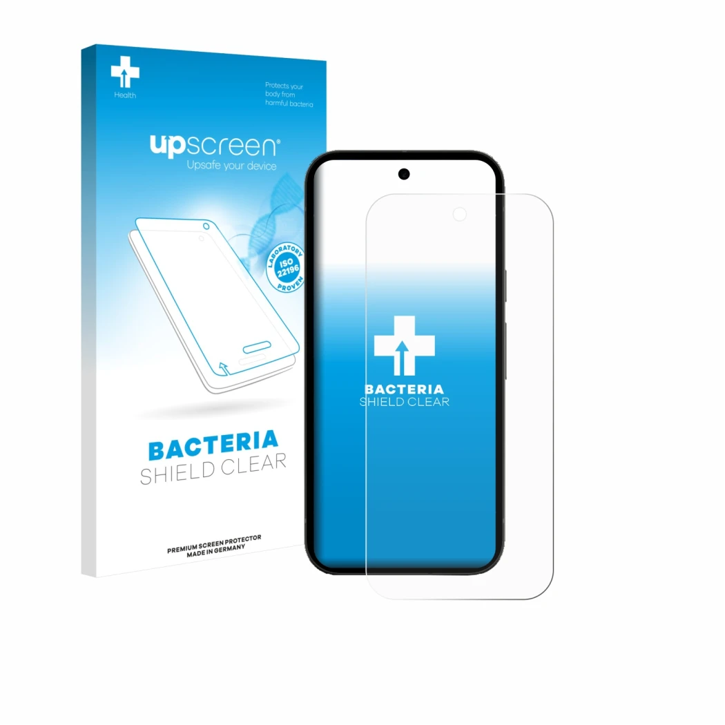 Parte frontal de un envase de producto con el logotipo de la marca upscreen. Al lado se muestra el dispositivo Google Pixel 10