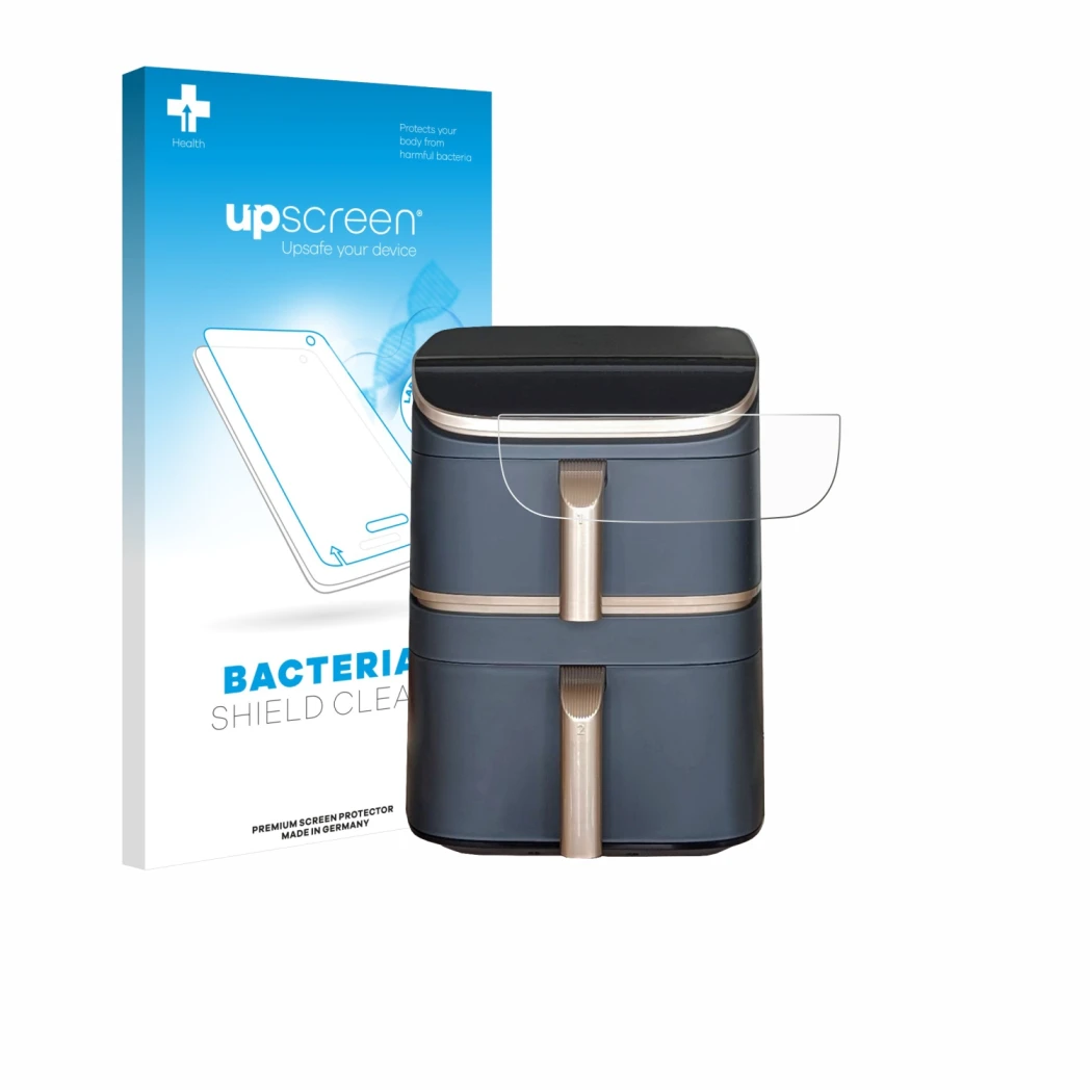 Parte frontal de un envase de producto con el logotipo de la marca upscreen. Al lado se muestra el dispositivo Cosori Turbo To