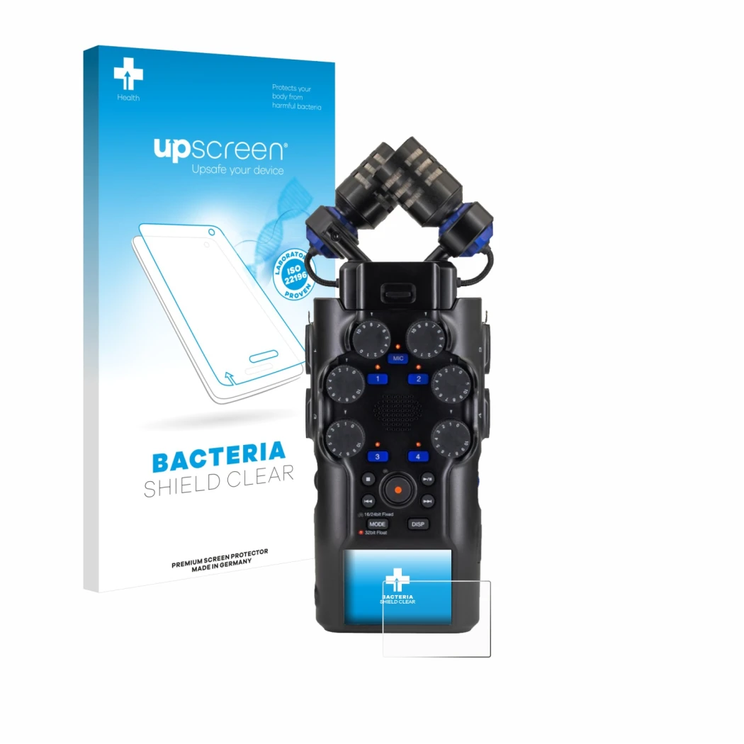 Parte frontal de un envase de producto con el logotipo de la marca upscreen. Al lado se muestra el dispositivo Zoom H6 studio 