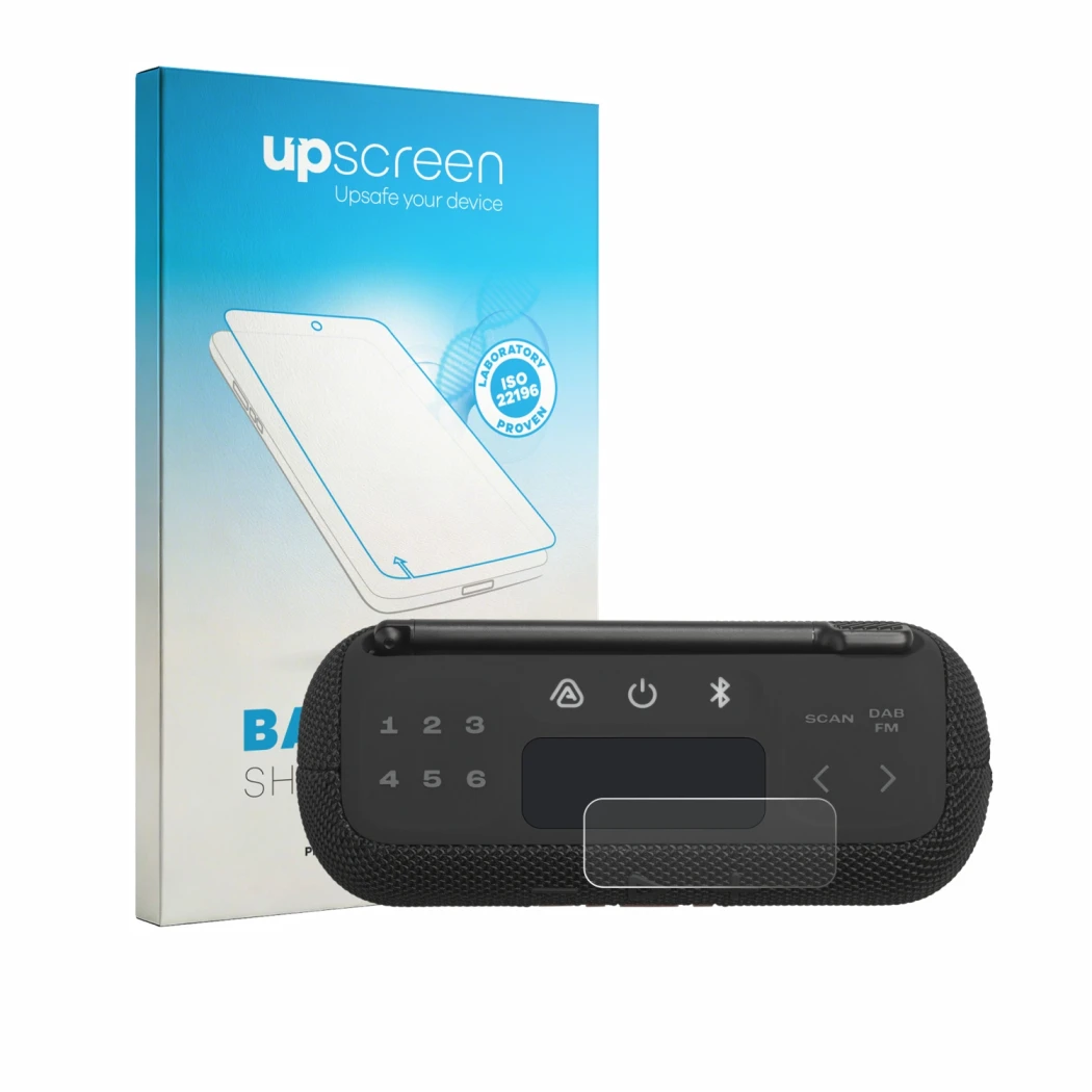Parte frontal de un envase de producto con el logotipo de la marca upscreen. Al lado se muestra el dispositivo JBL Tuner 3 con