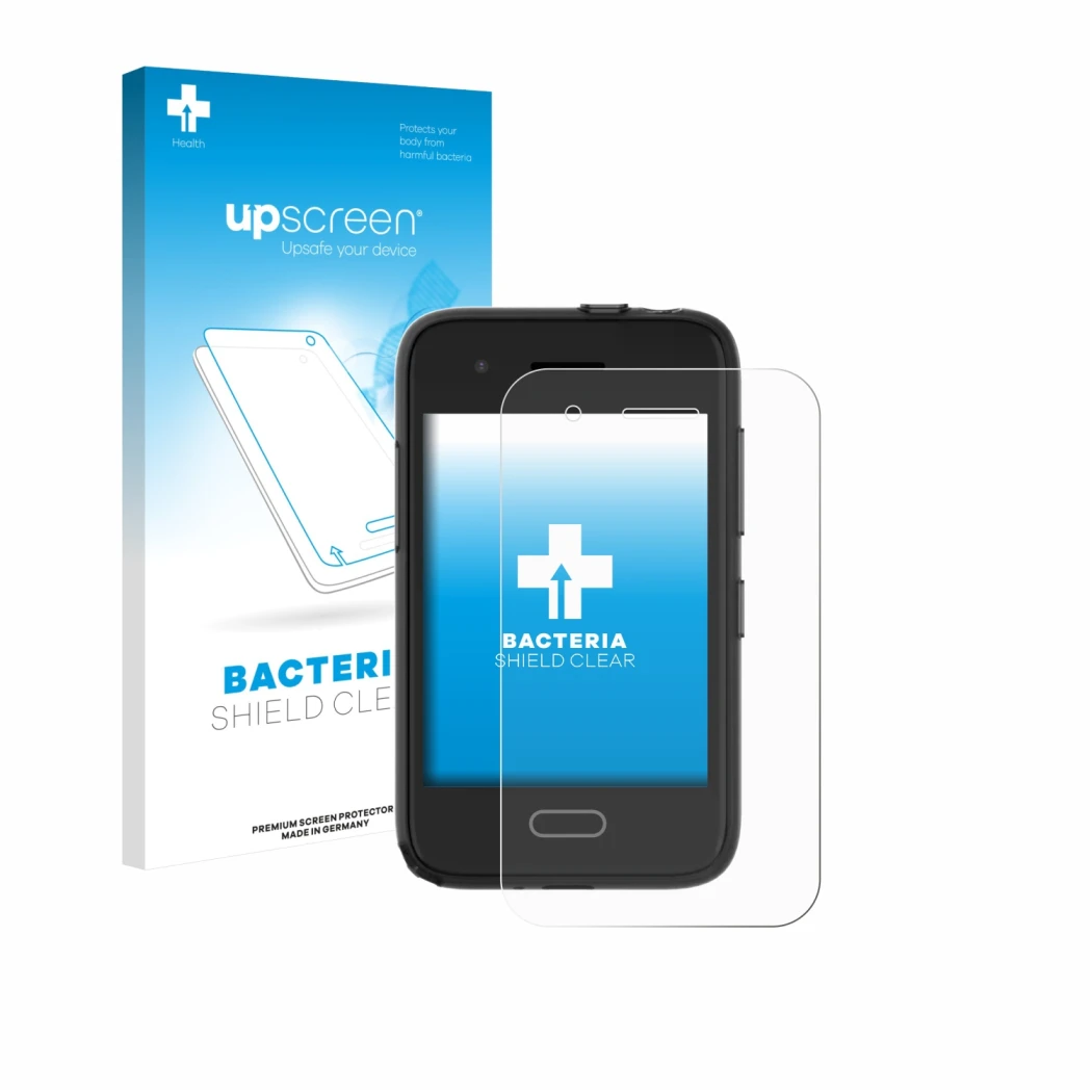 Parte frontal de un envase de producto con el logotipo de la marca upscreen. Al lado se muestra el dispositivo Xplora One con 