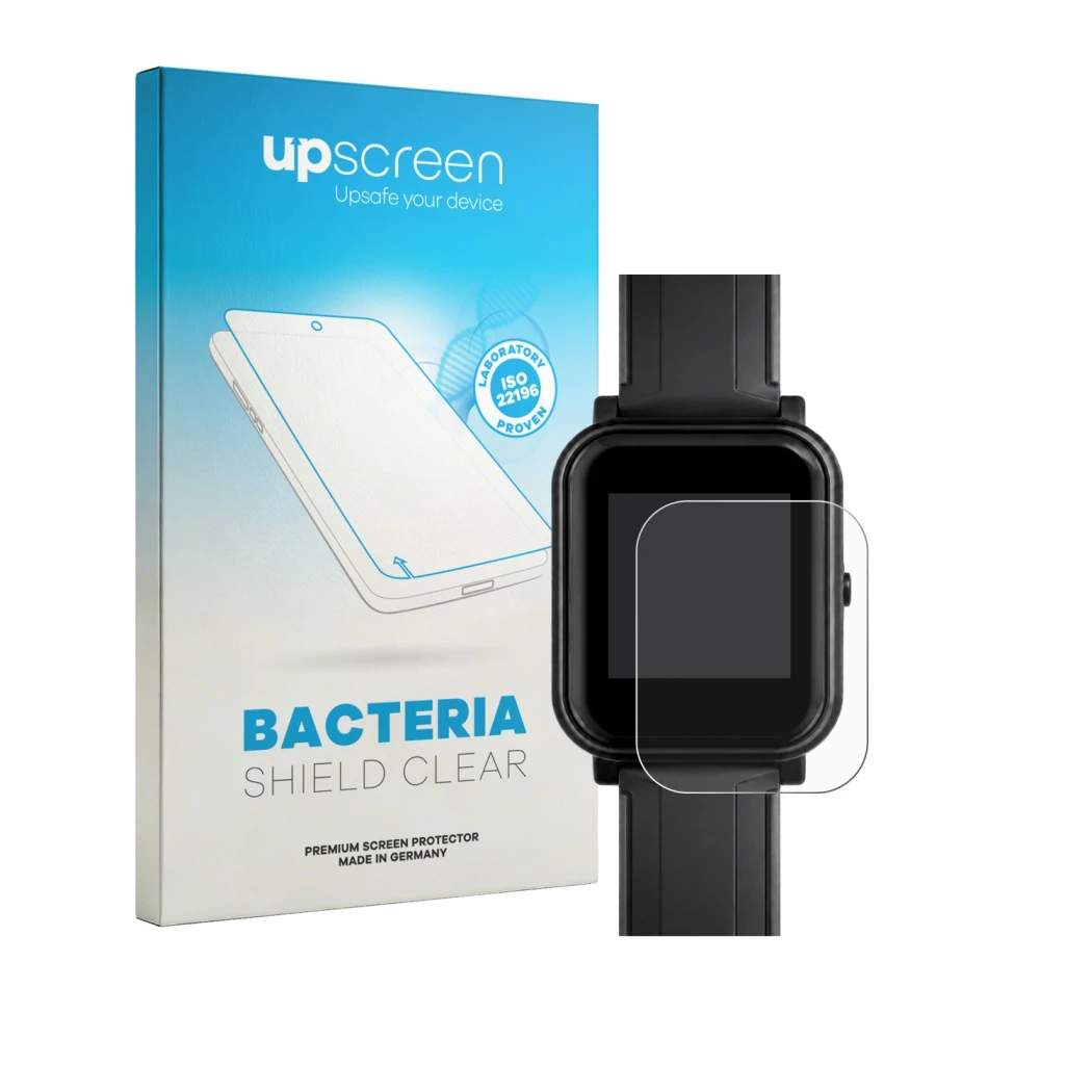 Parte frontal de un envase de producto con el logotipo de la marca upscreen. Al lado se muestra el dispositivo Bangle.js 2 con