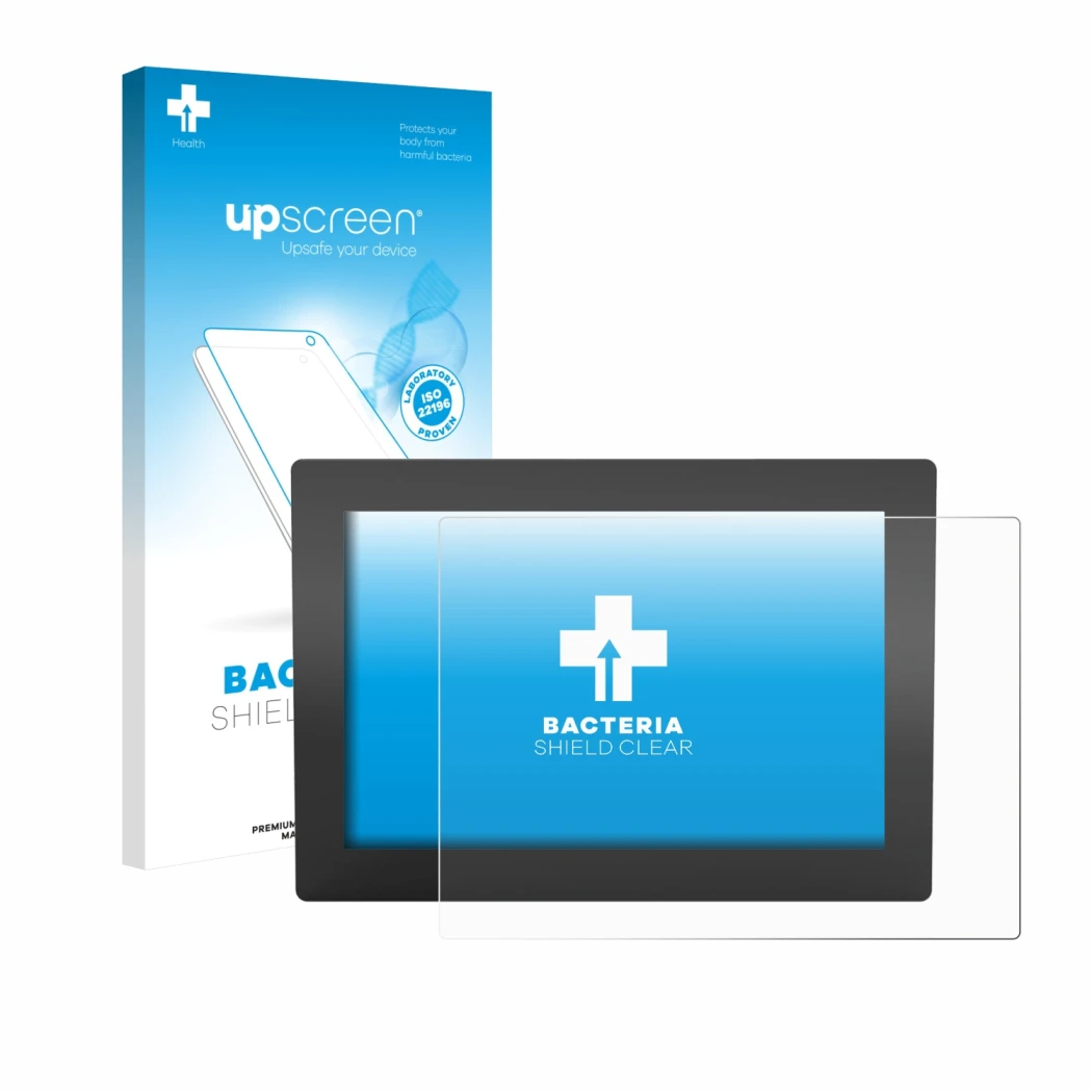 Parte frontal de un envase de producto con el logotipo de la marca upscreen. Al lado se muestra el dispositivo WAGO Web Panel