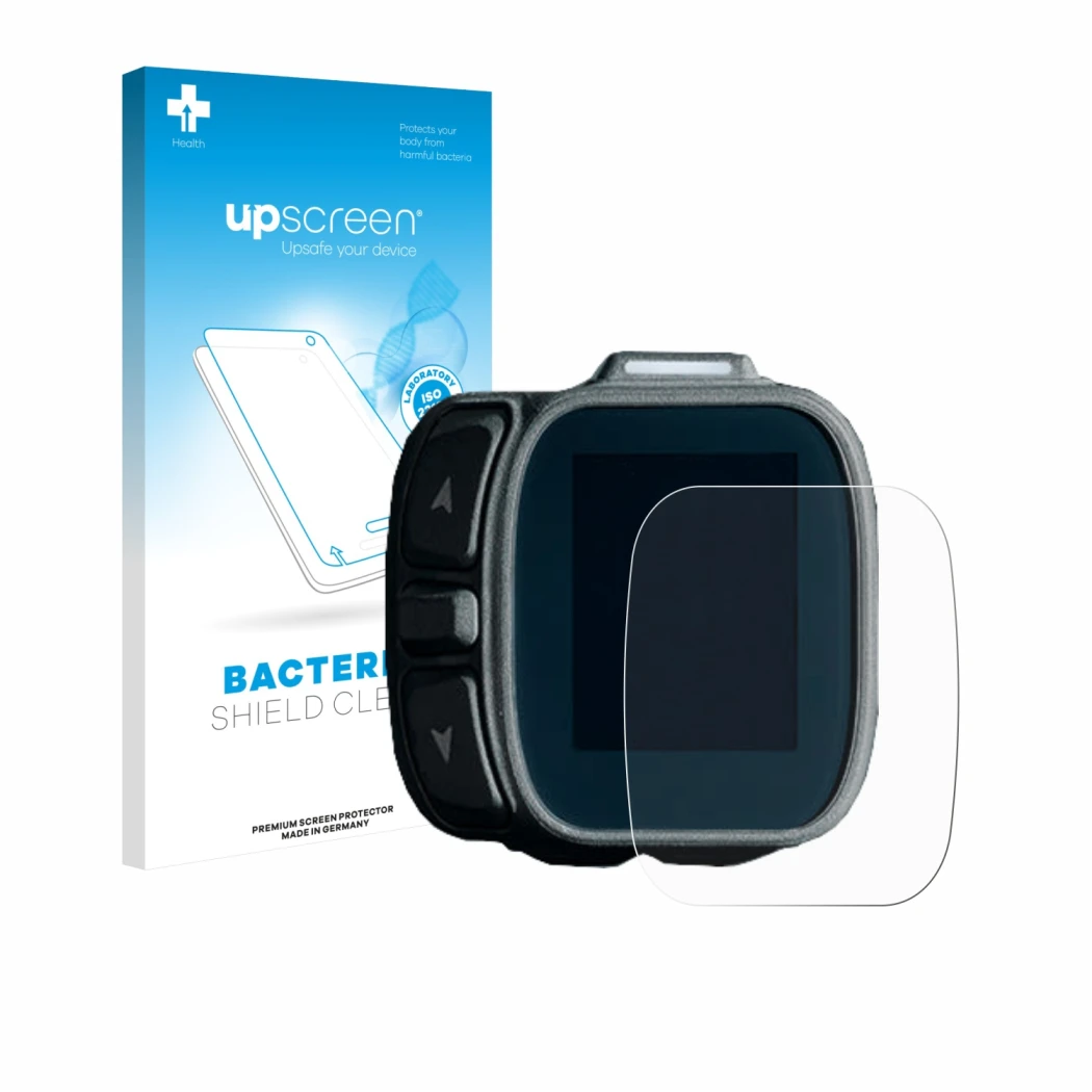 Parte frontal de un envase de producto con el logotipo de la marca upscreen. Al lado se muestra el dispositivo Giant Ridecontr