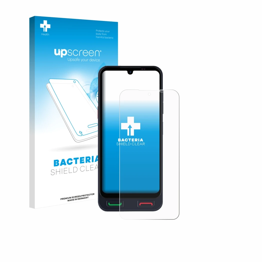 Parte frontal de un envase de producto con el logotipo de la marca upscreen. Al lado se muestra el dispositivo SPC Zeus 2 Pro 