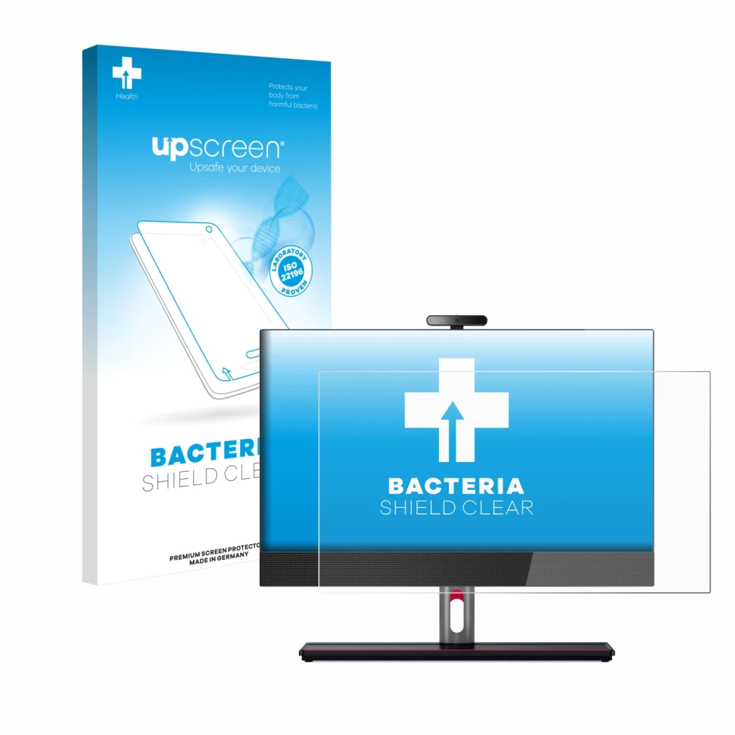 Parte frontal de un envase de producto con el logotipo de la marca upscreen. Al lado se muestra el dispositivo Lenovo ThinkCen