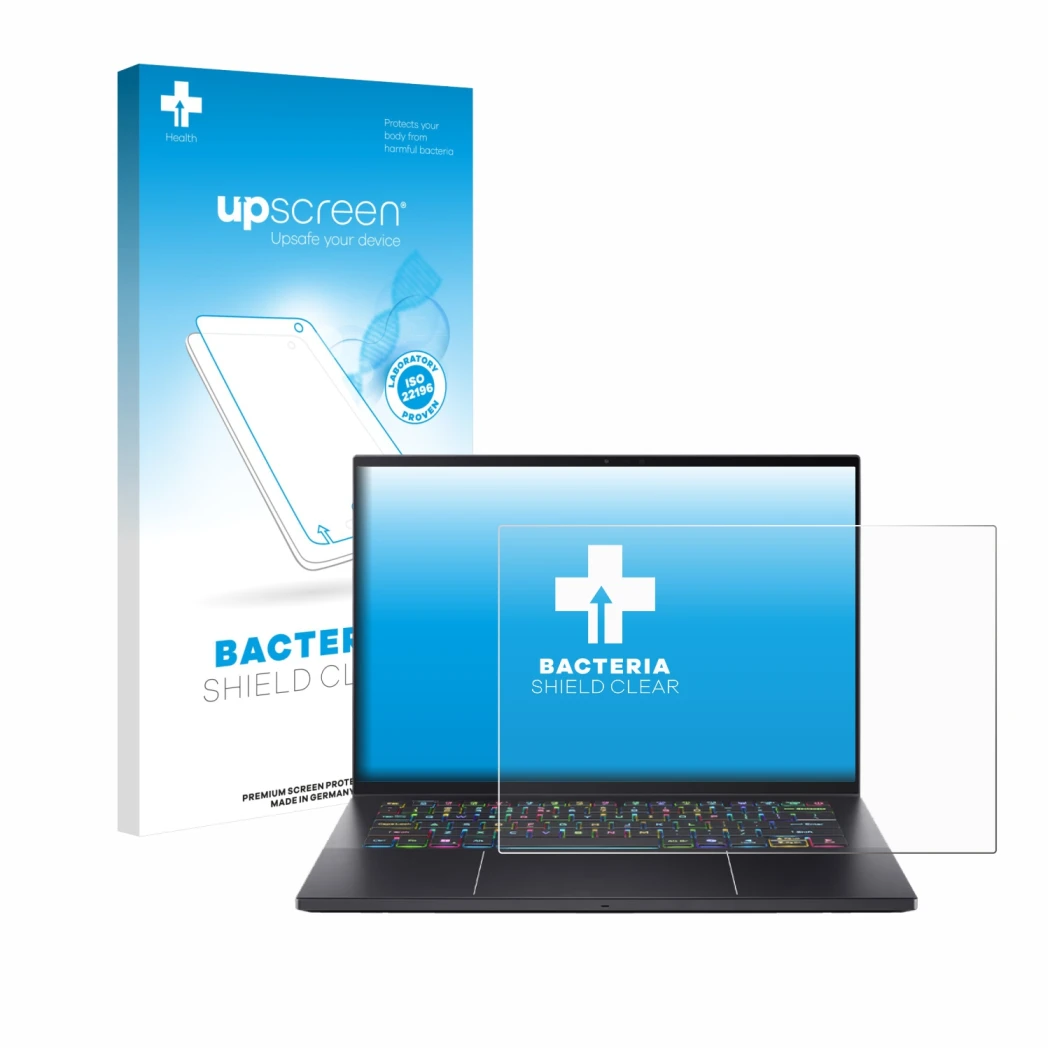 Parte frontal de un envase de producto con el logotipo de la marca upscreen. Al lado se muestra el dispositivo Acer Predator T