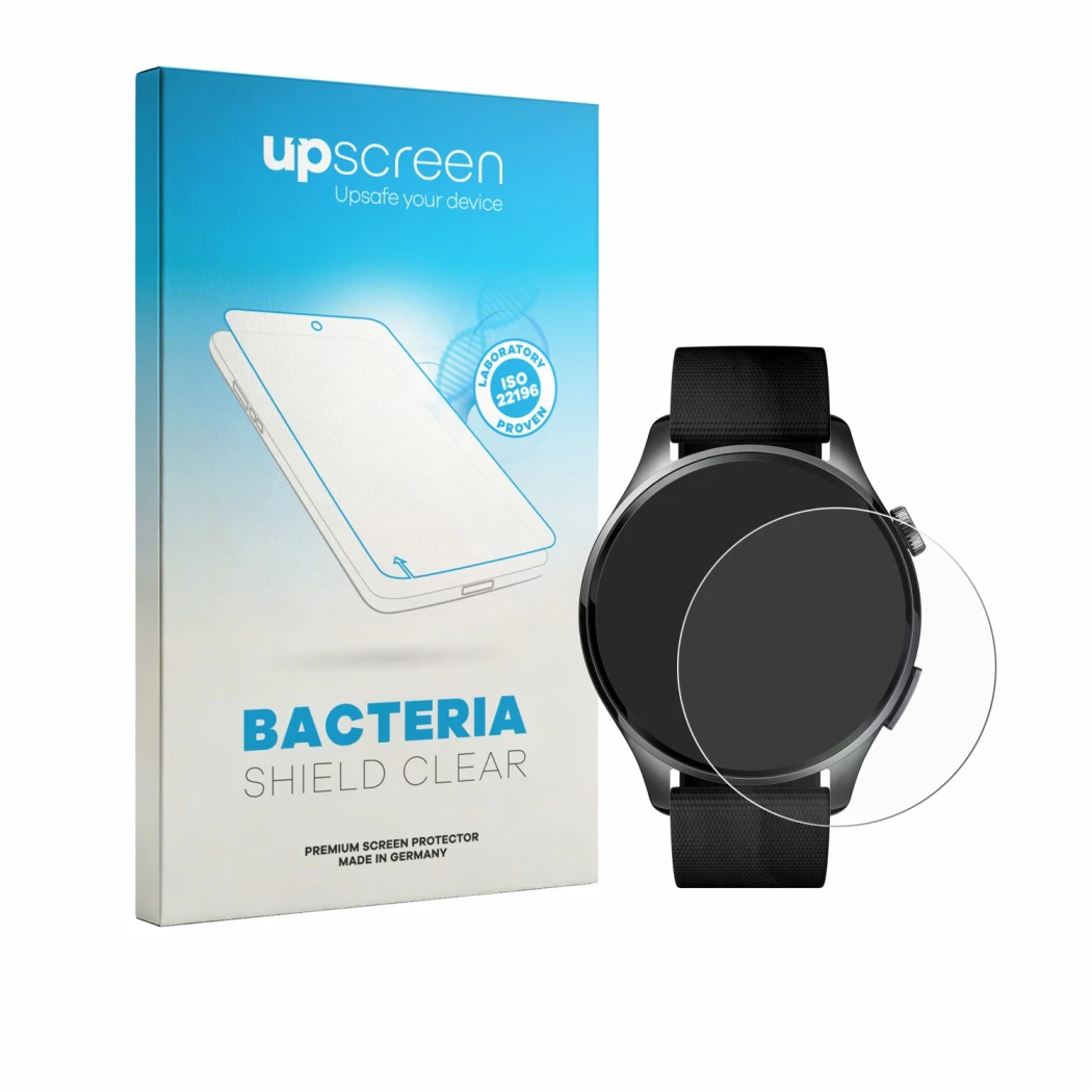 Parte frontal de un envase de producto con el logotipo de la marca upscreen. Al lado se muestra el dispositivo Xiaomi Watch 5