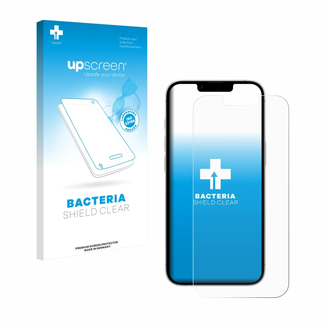 Parte frontal de un envase de producto con el logotipo de la marca upscreen. Al lado se muestra el dispositivo Apple iPhone 17