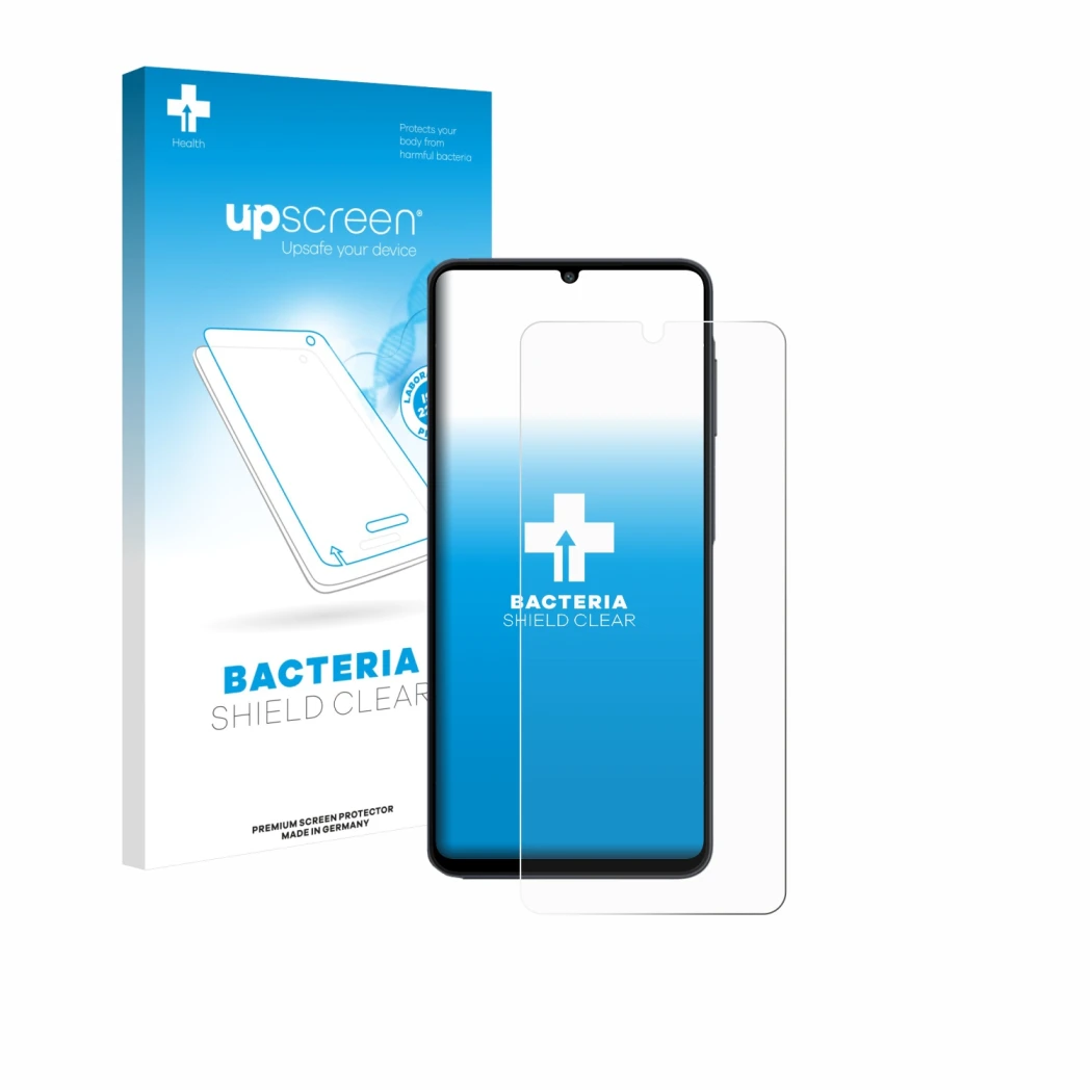 Parte frontal de un envase de producto con el logotipo de la marca upscreen. Al lado se muestra el dispositivo Samsung Galaxy