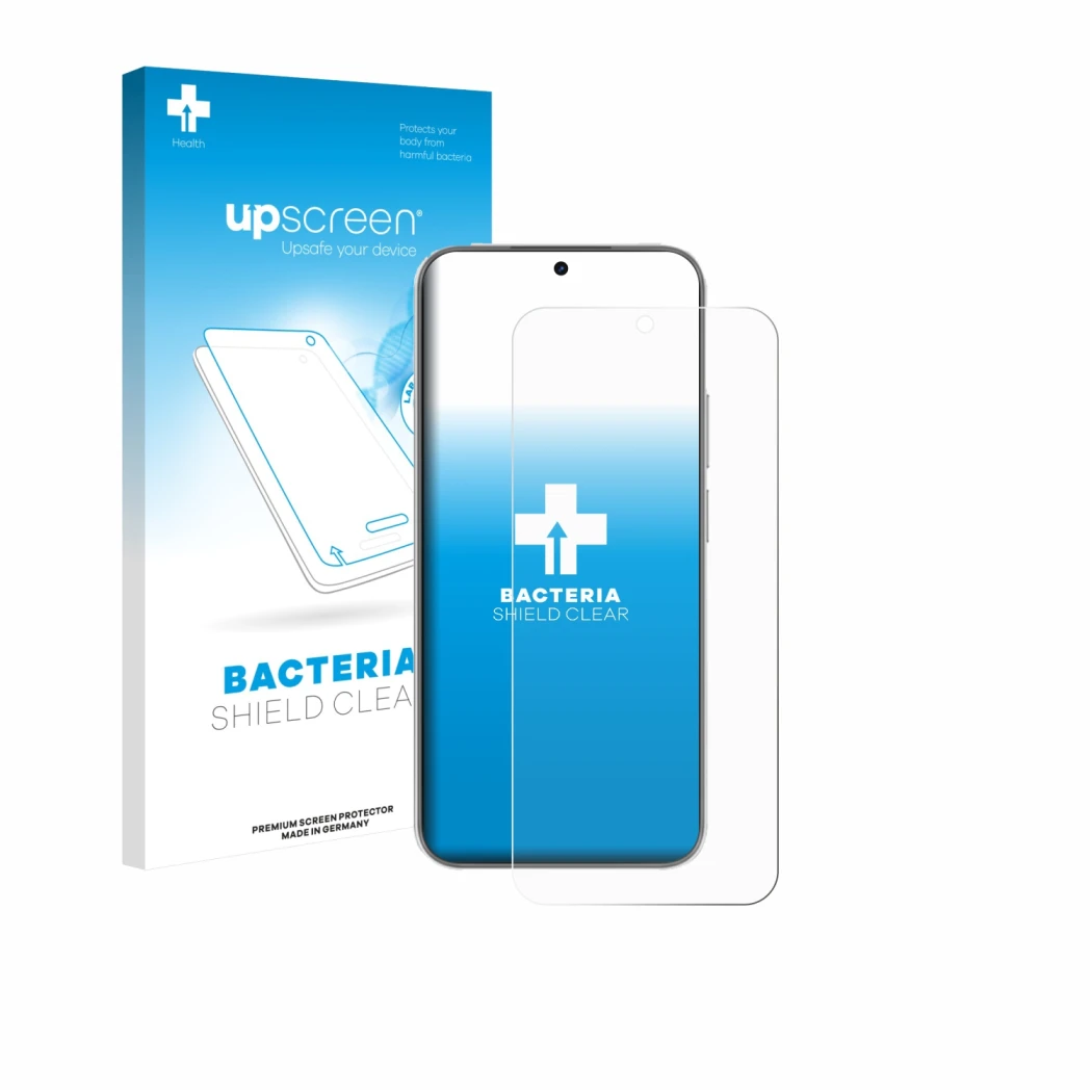 Parte frontal de un envase de producto con el logotipo de la marca upscreen. Al lado se muestra el dispositivo Huawei Nova 15 