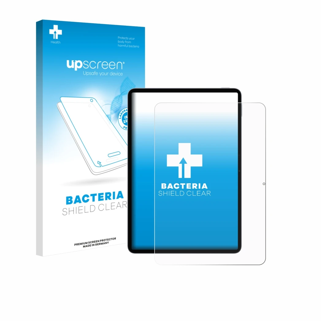 Parte frontal de un envase de producto con el logotipo de la marca upscreen. Al lado se muestra el dispositivo Xiaomi Pad 8 co