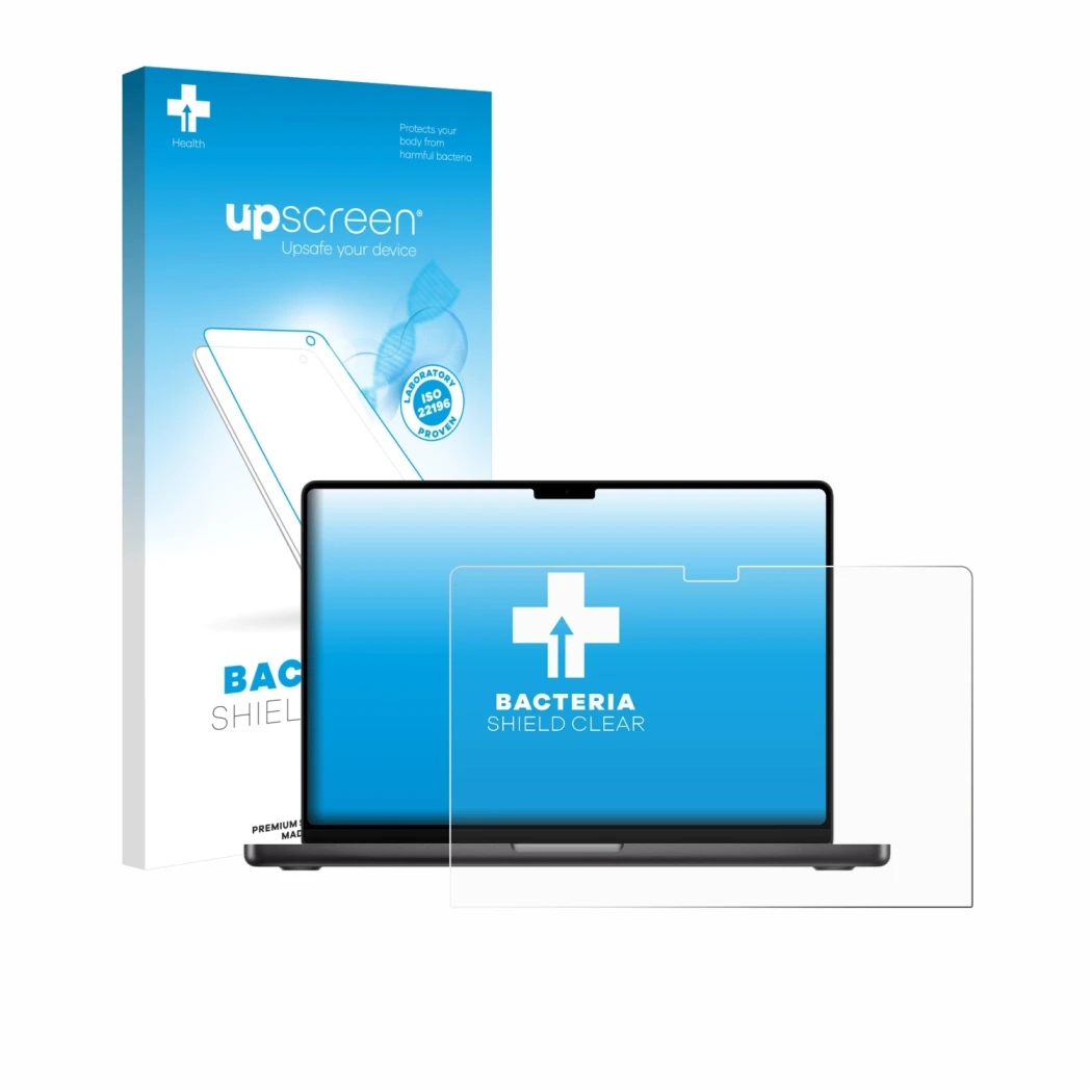 Parte frontal de un envase de producto con el logotipo de la marca upscreen. Al lado se muestra el dispositivo Apple MacBook P