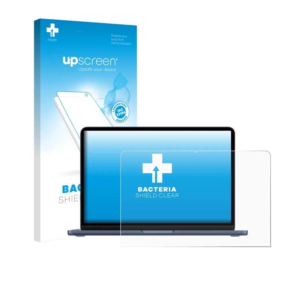 Parte frontal de un envase de producto con el logotipo de la marca upscreen. Al lado se muestra el dispositivo Apple MacBook N