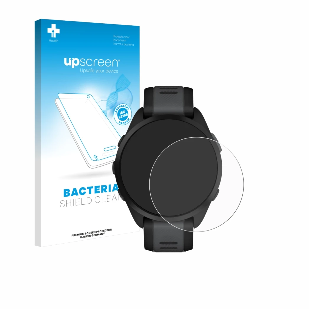 Parte frontal de un envase de producto con el logotipo de la marca upscreen. Al lado se muestra el dispositivo Garmin Forerunn