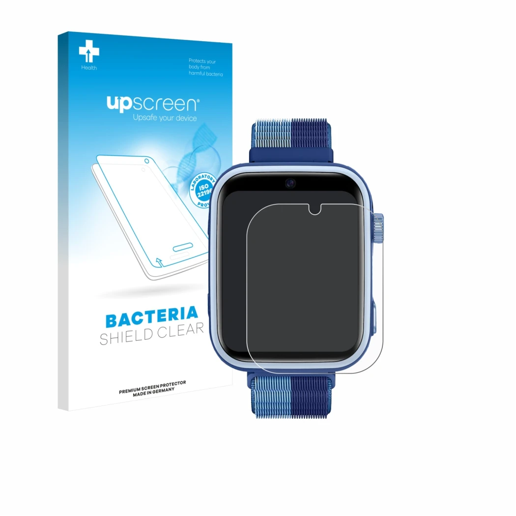 Parte frontal de un envase de producto con el logotipo de la marca upscreen. Al lado se muestra el dispositivo Oliimptek T45 c