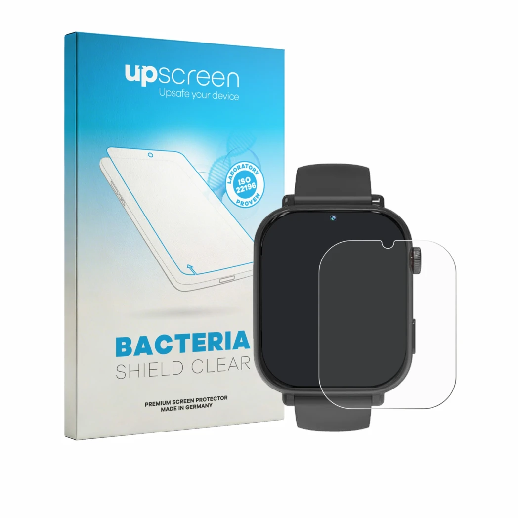 Parte frontal de un envase de producto con el logotipo de la marca upscreen. Al lado se muestra el dispositivo Pthtechus A22 c