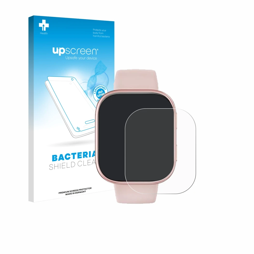 Parte frontal de un envase de producto con el logotipo de la marca upscreen. Al lado se muestra el dispositivo Doomixs Smartwa