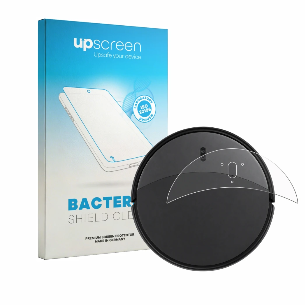Parte frontal de un envase de producto con el logotipo de la marca upscreen. Al lado se muestra el dispositivo Roborock Saros 
