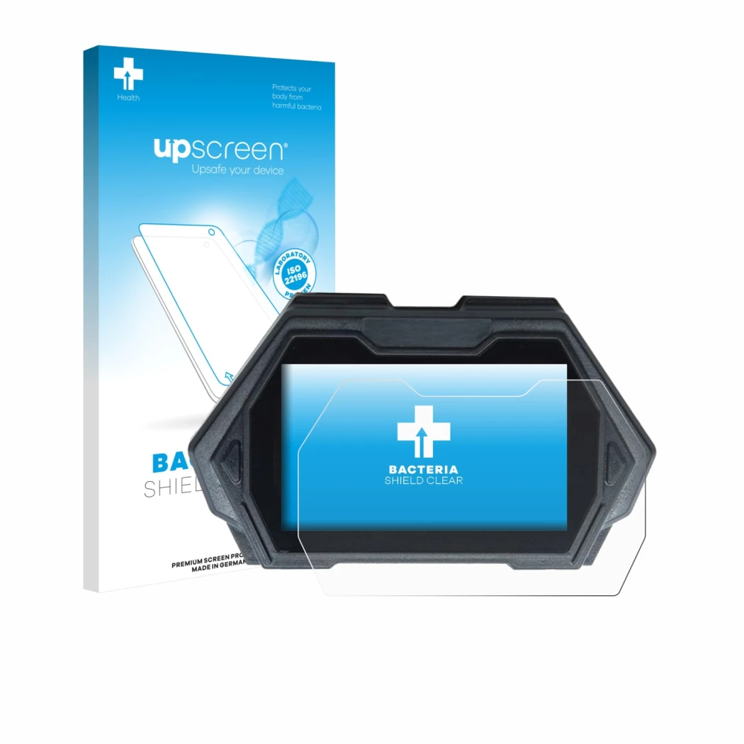 Parte frontal de un envase de producto con el logotipo de la marca upscreen. Al lado se muestra el dispositivo Kukirin G3 Pro