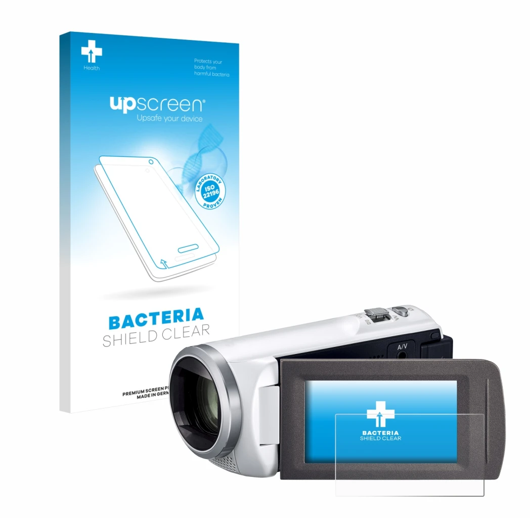 Parte frontal de un envase de producto con el logotipo de la marca upscreen. Al lado se muestra el dispositivo Panasonic HC-V4