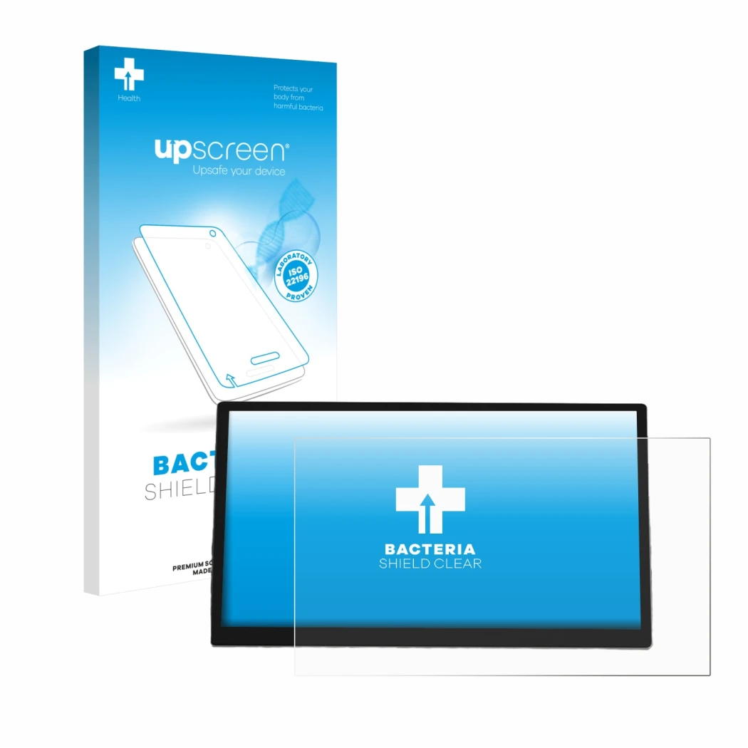 Parte frontal de un envase de producto con el logotipo de la marca upscreen. Al lado se muestra el dispositivo Mazda 6e 2026 c