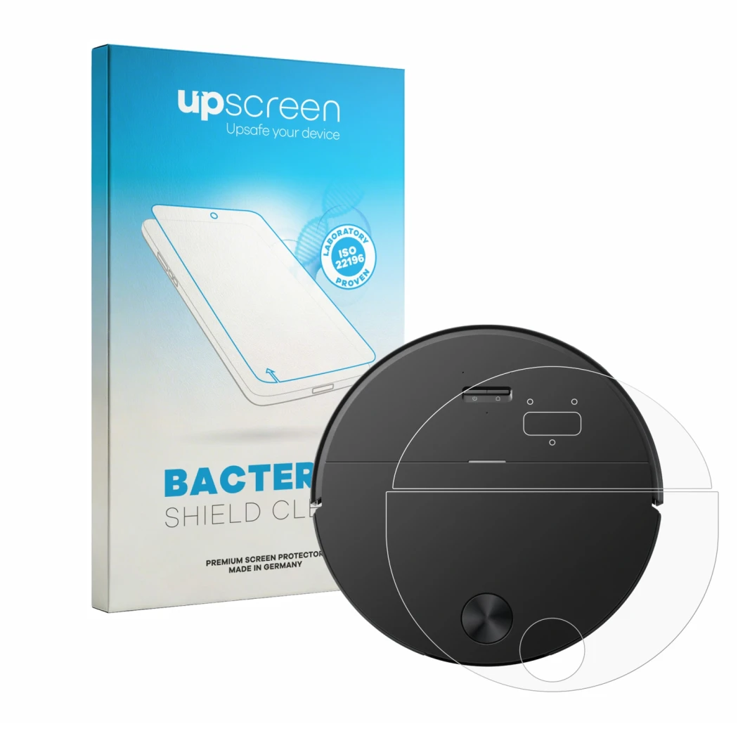 Parte frontal de un envase de producto con el logotipo de la marca upscreen. Al lado se muestra el dispositivo Roborock Saros