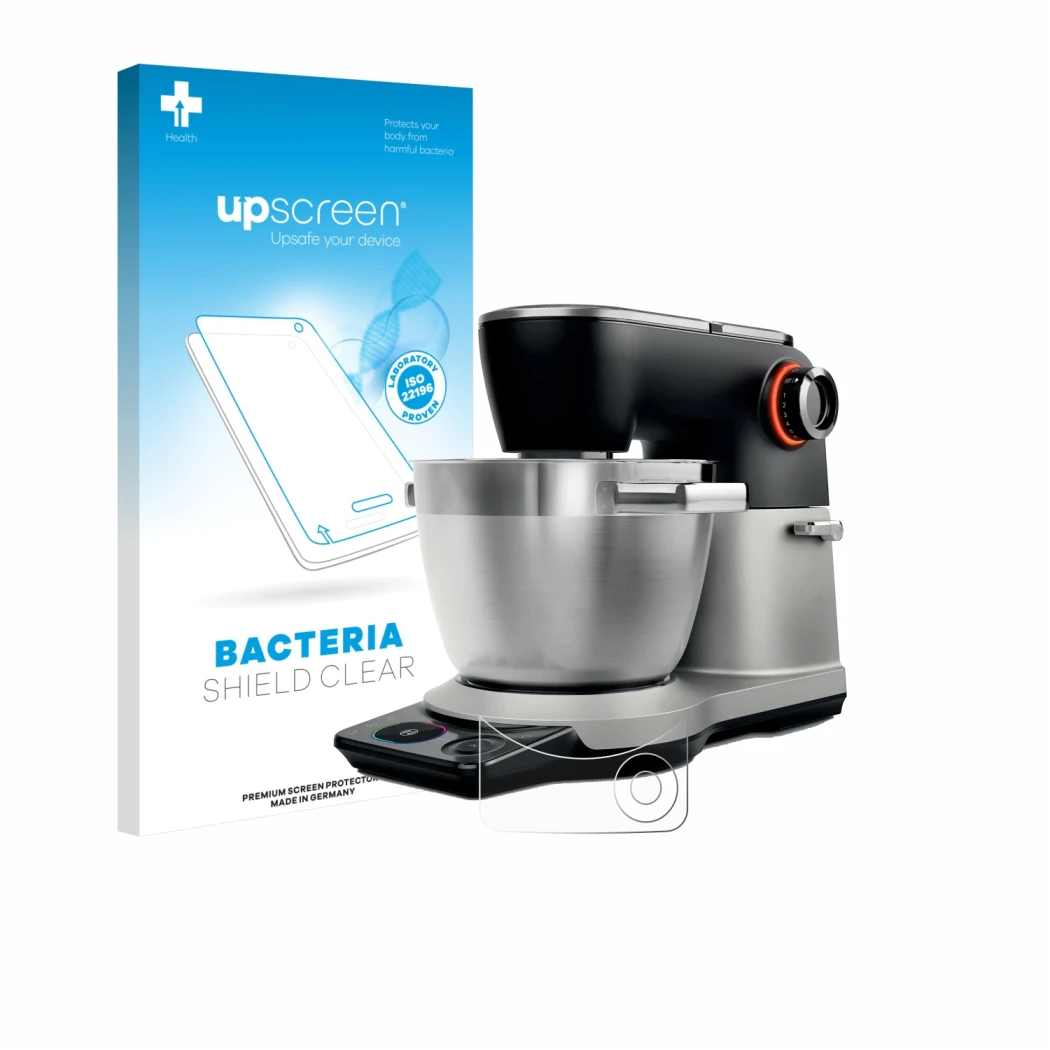Parte frontal de un envase de producto con el logotipo de la marca upscreen. Al lado se muestra el dispositivo Bosch MUMS8Z co