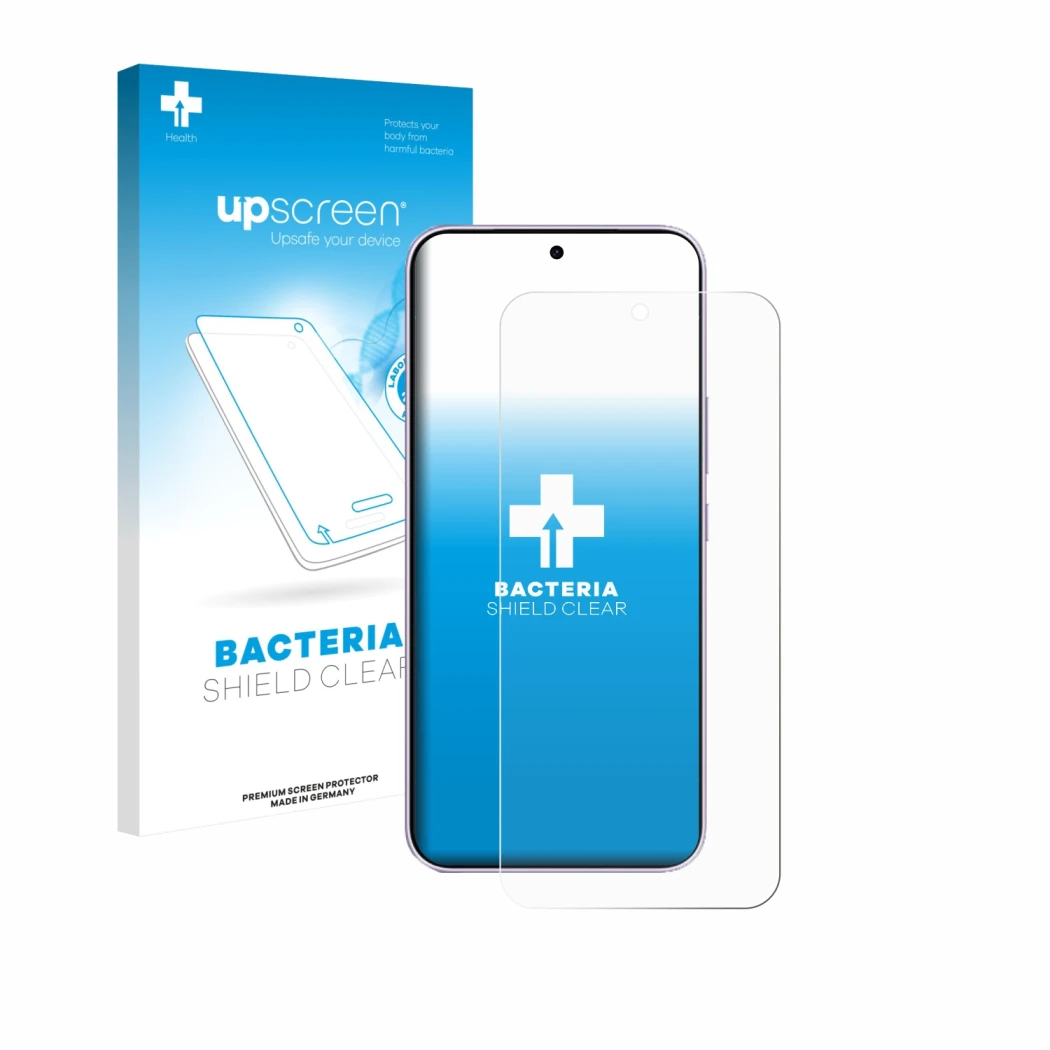 Parte frontal de un envase de producto con el logotipo de la marca upscreen. Al lado se muestra el dispositivo Vivo V70 FE con