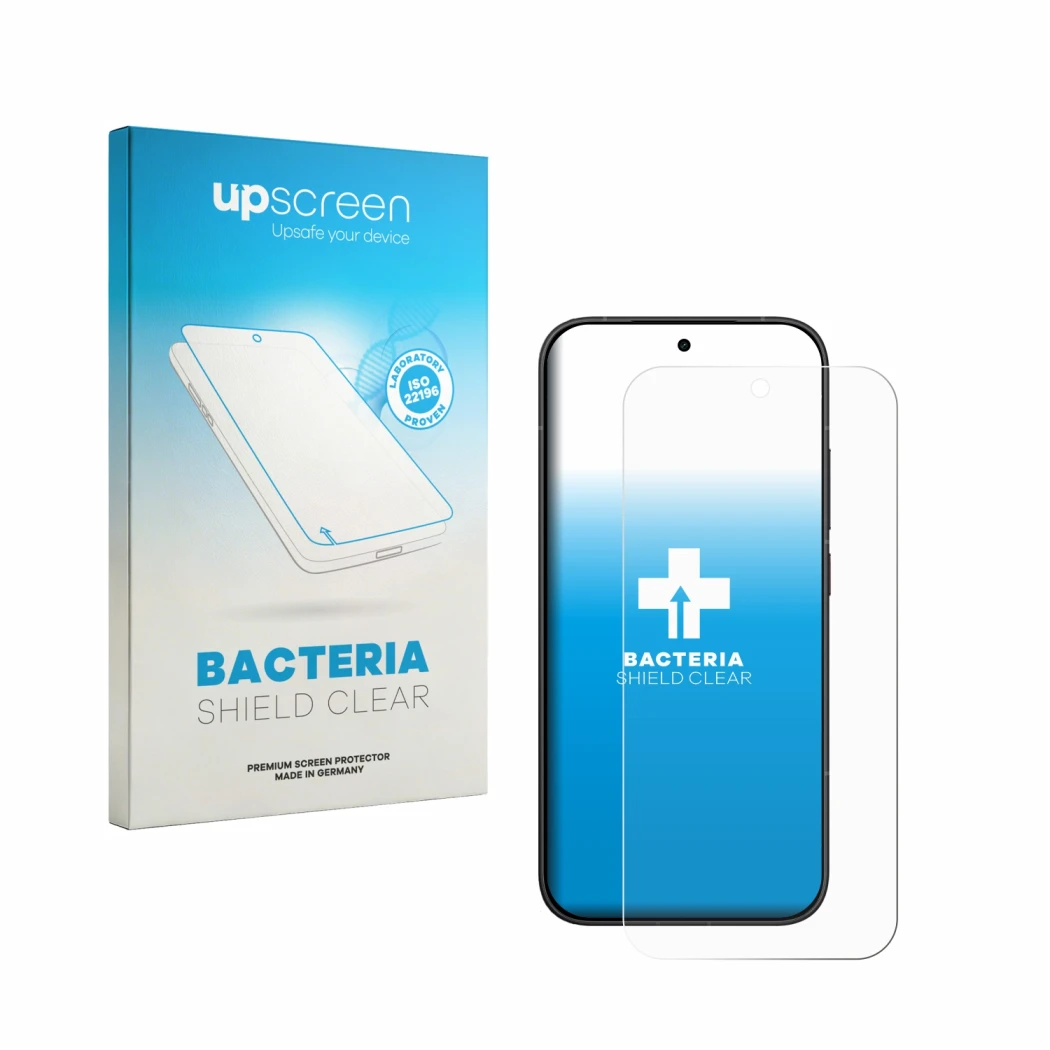 Parte frontal de un envase de producto con el logotipo de la marca upscreen. Al lado se muestra el dispositivo Xiaomi Poco X8