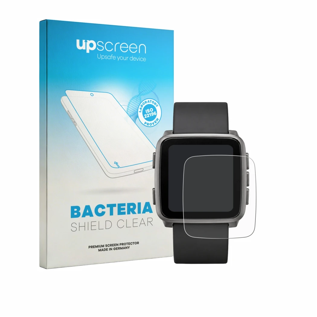 Parte frontal de un envase de producto con el logotipo de la marca upscreen. Al lado se muestra el dispositivo Pebble Time 2 2