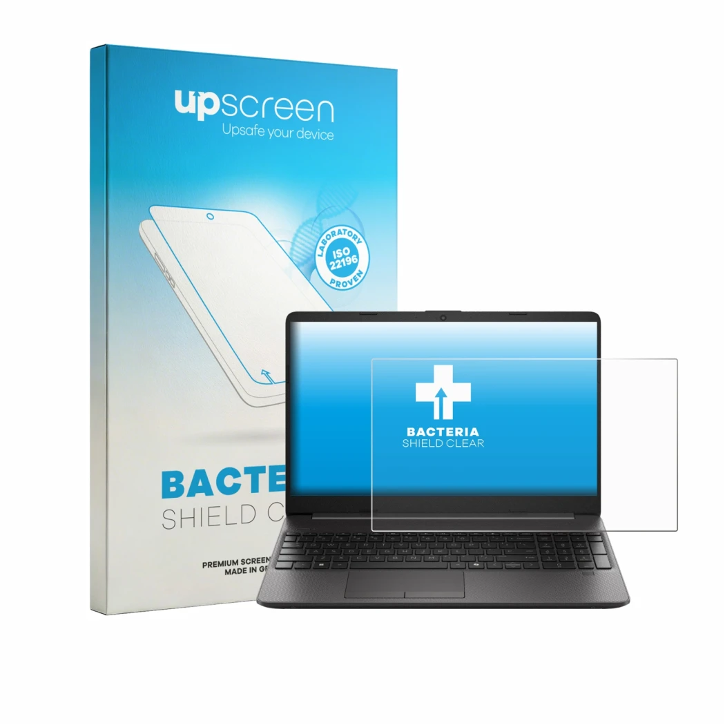 Parte frontal de un envase de producto con el logotipo de la marca upscreen. Al lado se muestra el dispositivo HP EliteBook 25