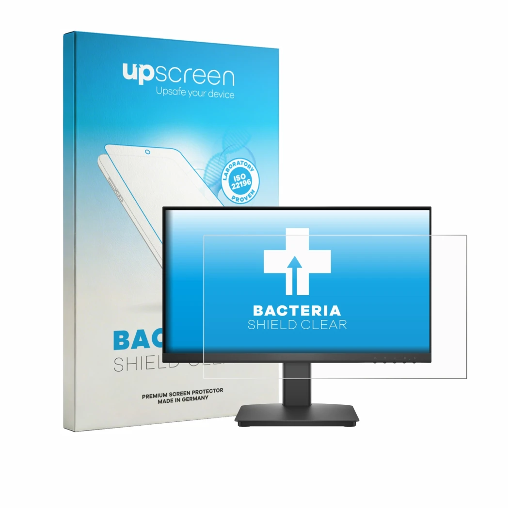 Parte frontal de un envase de producto con el logotipo de la marca upscreen. Al lado se muestra el dispositivo Dell 22 SE2225H