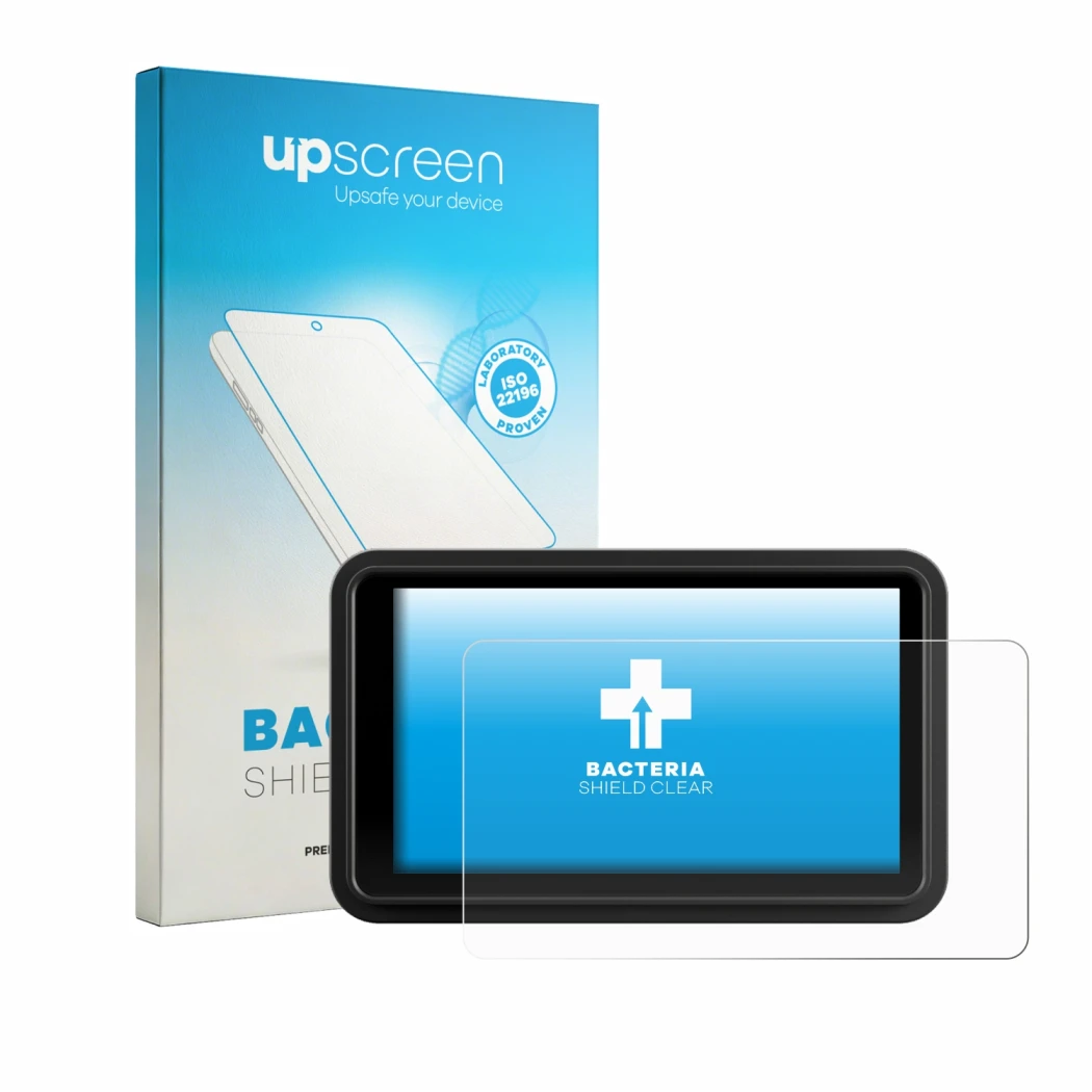 Parte frontal de un envase de producto con el logotipo de la marca upscreen. Al lado se muestra el dispositivo Atomos Ninja RA