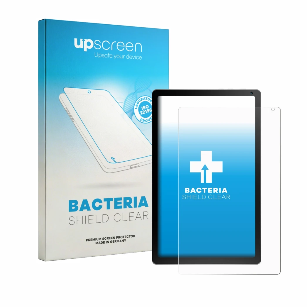 Parte frontal de un envase de producto con el logotipo de la marca upscreen. Al lado se muestra el dispositivo Yicty KB1004 co