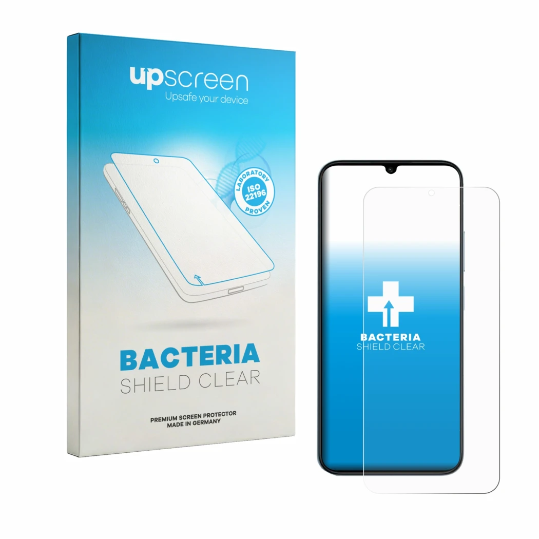 Parte frontal de un envase de producto con el logotipo de la marca upscreen. Al lado se muestra el dispositivo Xiaomi Redmi R7