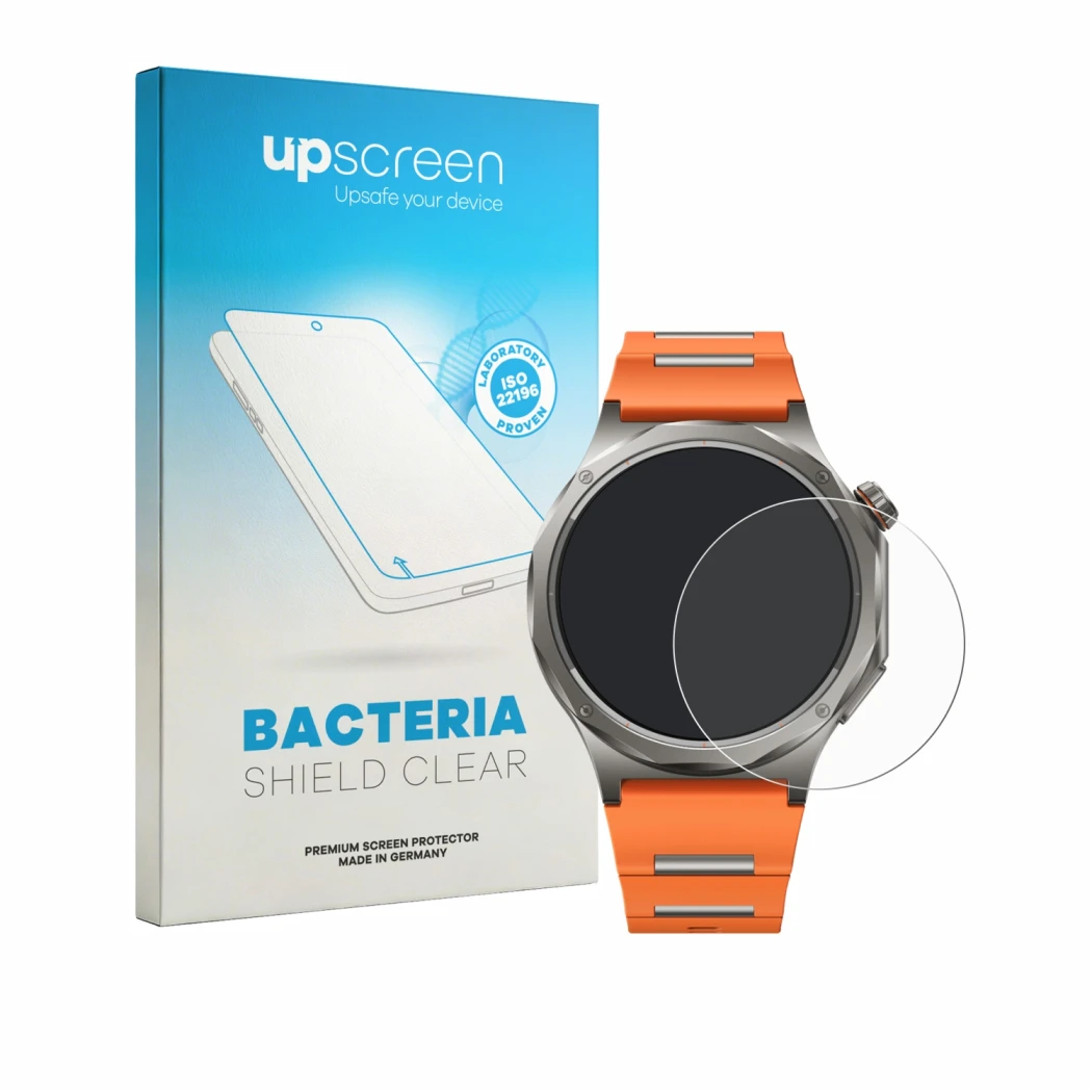 Parte frontal de un envase de producto con el logotipo de la marca upscreen. Al lado se muestra el dispositivo Oppo Watch X3 c