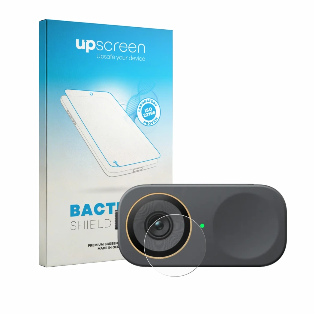 Parte frontal de un envase de producto con el logotipo de la marca upscreen. Al lado se muestra el dispositivo Insta360 Link 2
