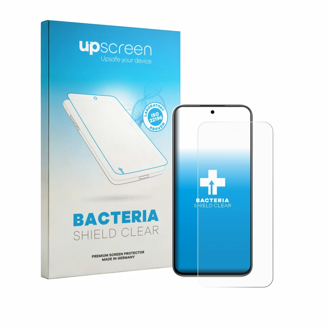 Parte frontal de un envase de producto con el logotipo de la marca upscreen. Al lado se muestra el dispositivo Oppo K14 con su