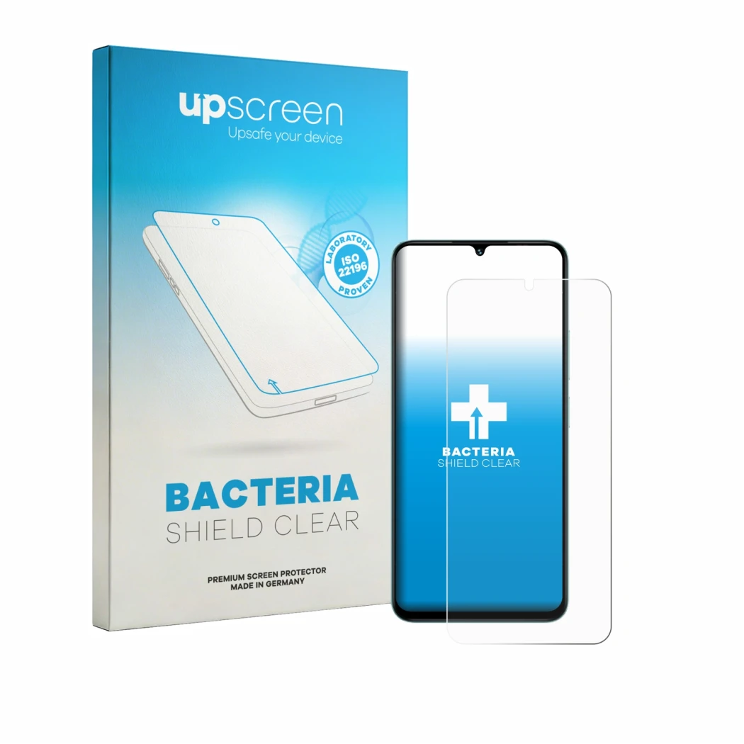 Parte frontal de un envase de producto con el logotipo de la marca upscreen. Al lado se muestra el dispositivo Umidigi A75x co