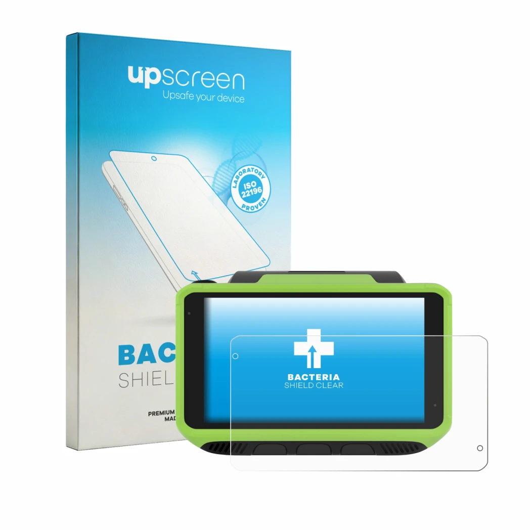 Parte frontal de un envase de producto con el logotipo de la marca upscreen. Al lado se muestra el dispositivo Zebra WT6400 co
