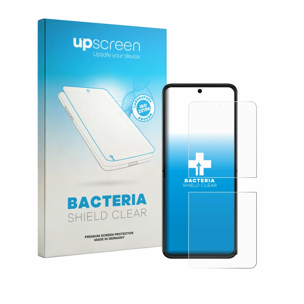 Parte frontal de un envase de producto con el logotipo de la marca upscreen. Al lado se muestra el dispositivo Motorola Razr 7