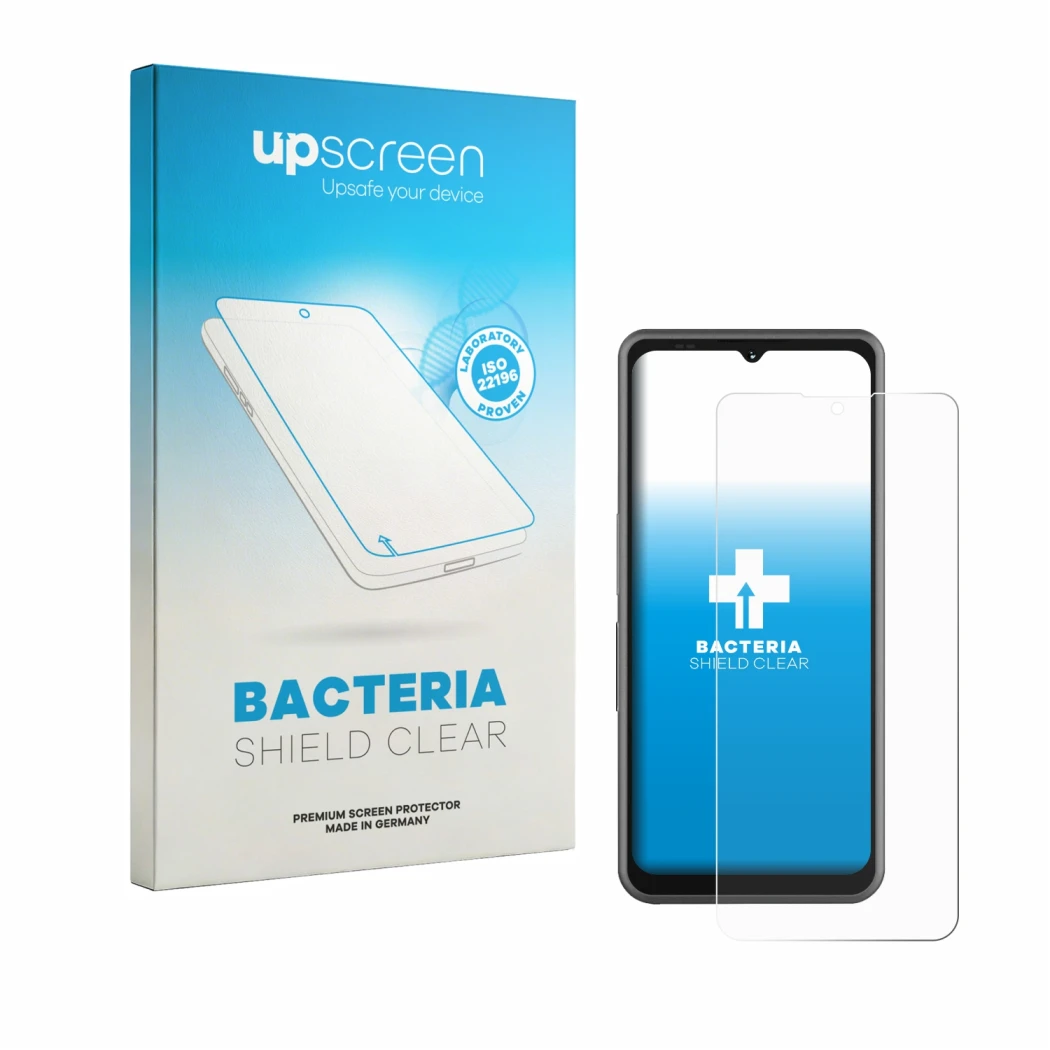 Parte frontal de un envase de producto con el logotipo de la marca upscreen. Al lado se muestra el dispositivo Sonim XP Pro E
