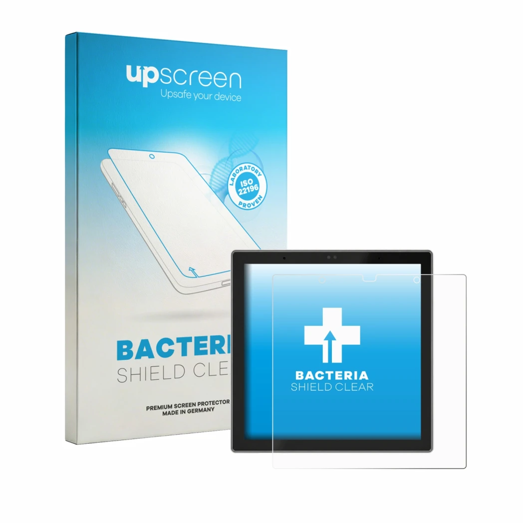 Parte frontal de un envase de producto con el logotipo de la marca upscreen. Al lado se muestra el dispositivo SONOFF NSPanel